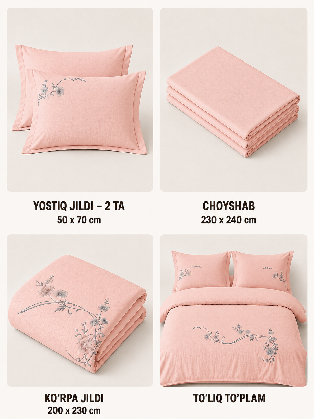 Nafis kashtali 4 qismli choyshab to‘plami 50×70, 230×240, 200×230 sm