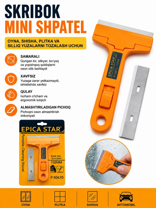 Skribok Mini Shpatel – Oyna, Shisha va Plitka Tozalash Uchun Qulay Qirg‘ich