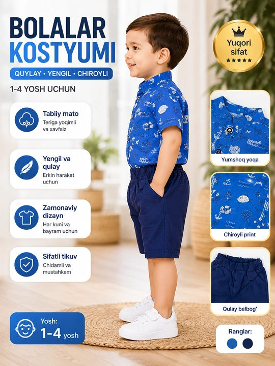 Летний костюм для мальчика — рубашка и шорты, 1–4 года - 