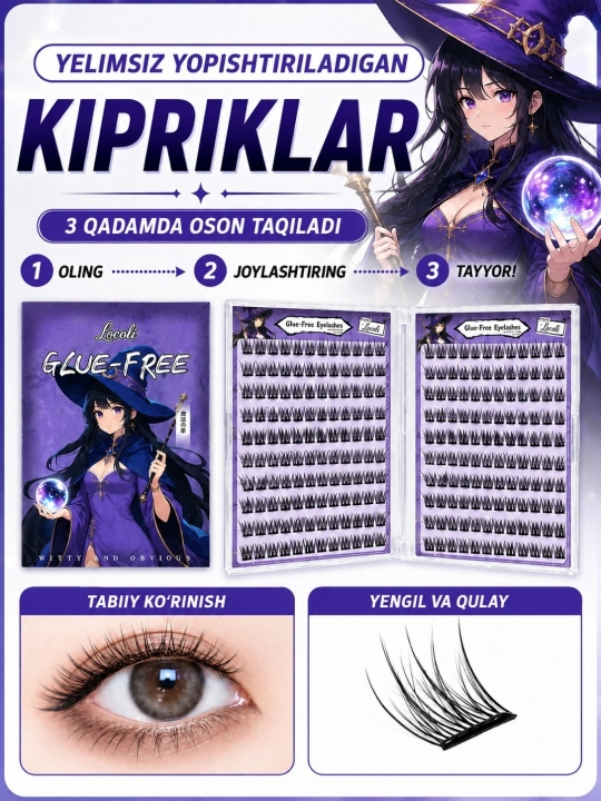 Oʻzi yopishuvchi ulama anime kipriklari, yelim talab qilinmaydi