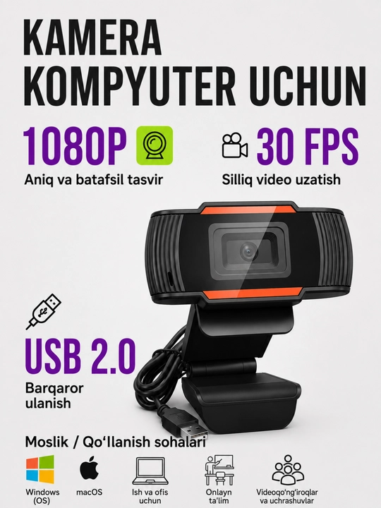 USB veb-kamera 2K, kompyuter va noutbuk uchun, mikrofonli kamera,video qo‘ng‘iroq va strim - 