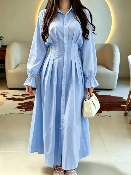 Платье женское длинное макси, приталенное платье-рубашка на пуговицах — ELLY FASHION