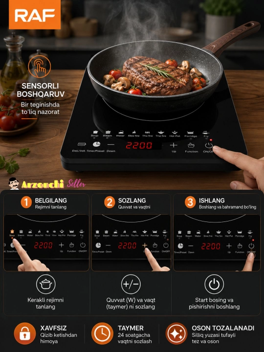 RAF sensorli elektr pishirish induksion pechkasi 2200W zamonaviy dizayn