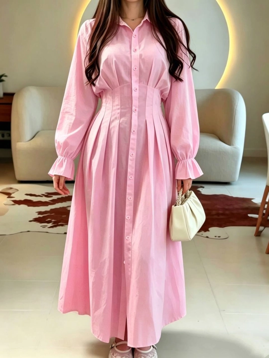 Платье женское длинное макси, приталенное платье-рубашка на пуговицах — ELLY FASHION