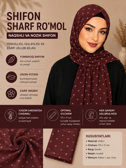 Sharf ro'mol tayyor shifon shapka, romol hijob - 