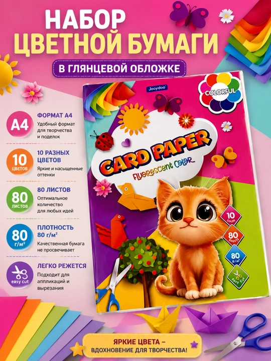 Rangli qog‘oz to‘plami A4/A5, 10 xil rang, 80 varaq, yorqin ijodiy qog‘oz - 