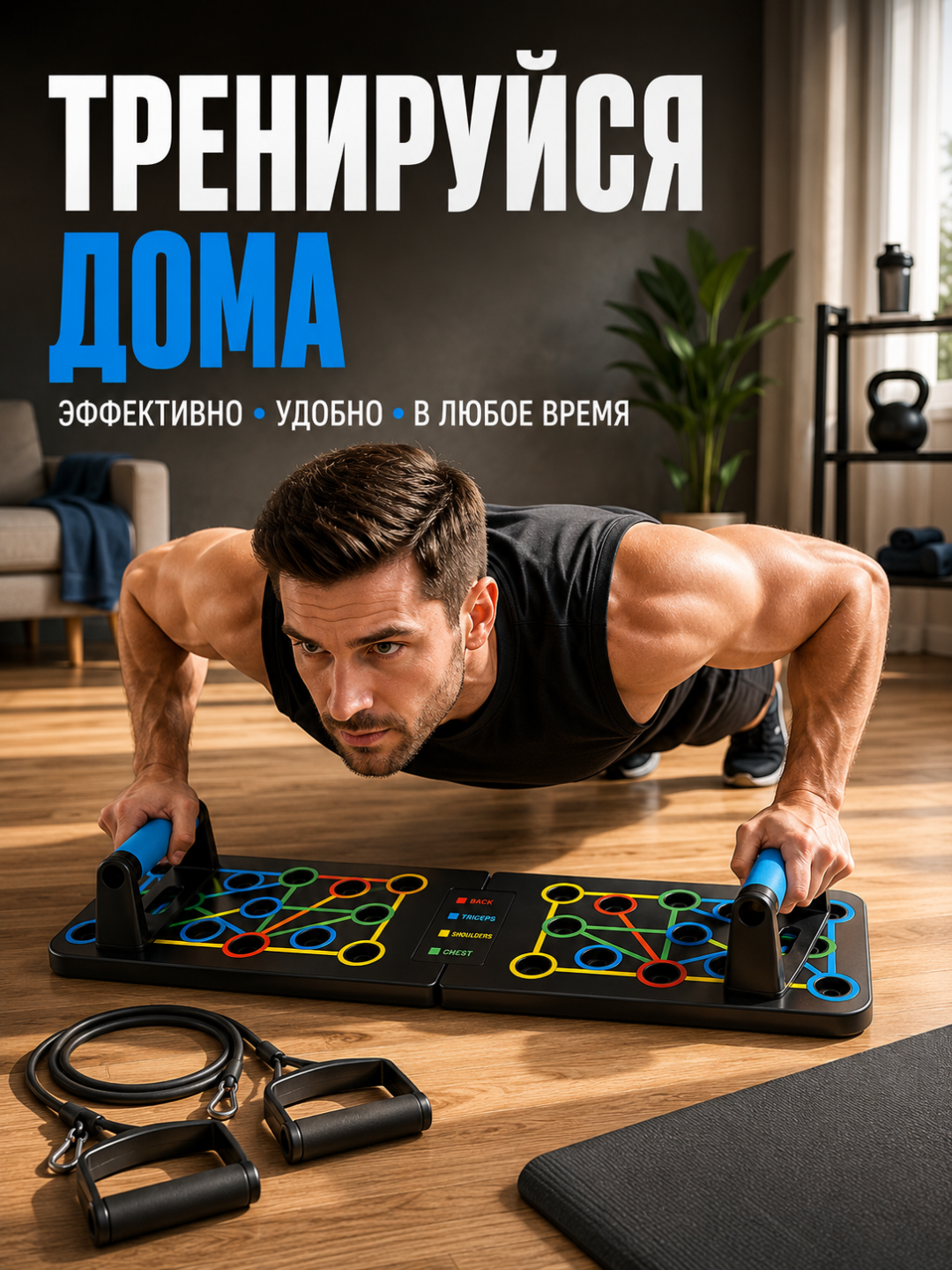 Доска для отжиманий Push Up Board с эспандерами, многофункциональный тренажер