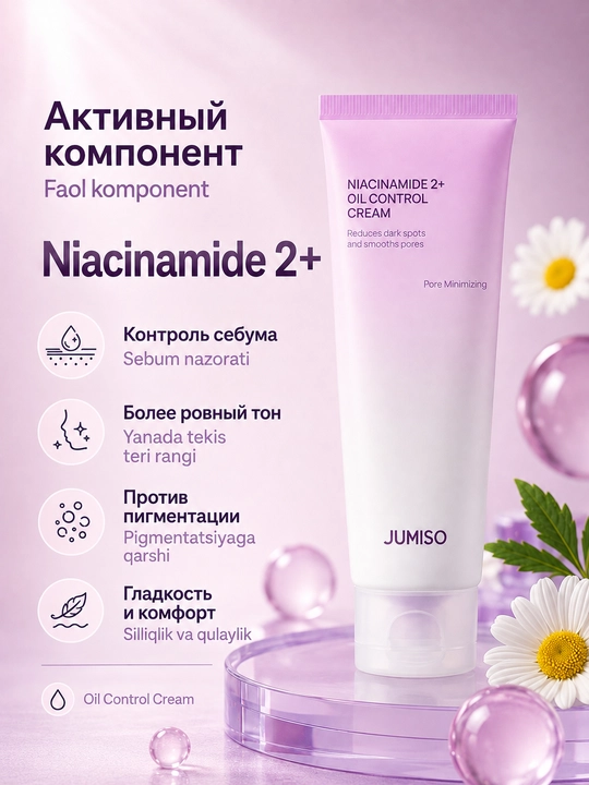Yog‘li yaltiroqlikka qarshi namlantiruvchi krem Jumiso Niacinamide 2+ Oil Control Cream, 80 ml