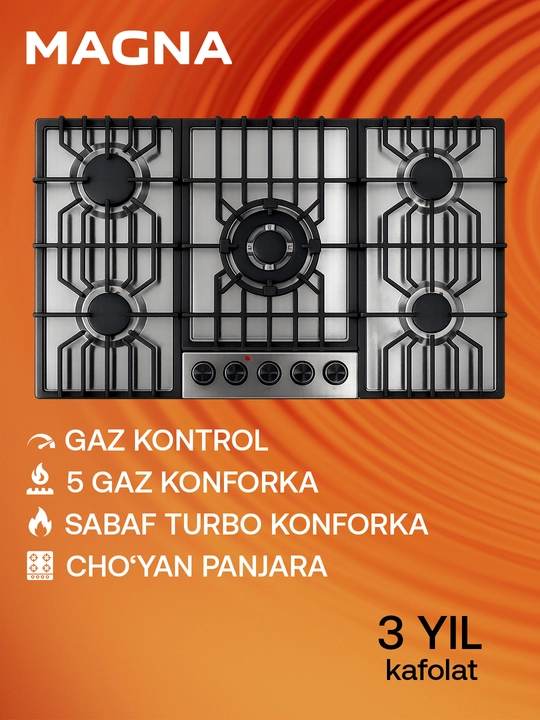 Magna pishirish paneli M906GFIZ03 90 sm, 5 gaz, Turbo Sabaf, gaz-kontrol, avtoyondirgich