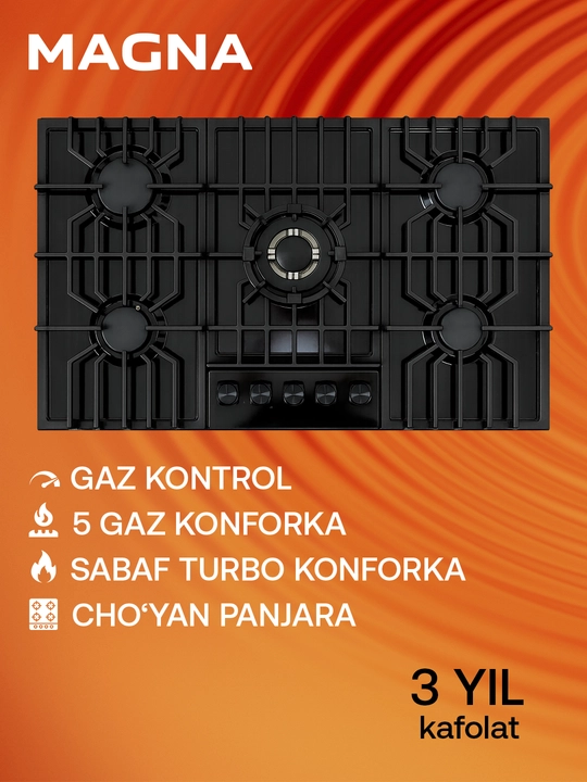 Magna pishirish paneli M906GFIZ03 90 sm, 5 gaz, Turbo Sabaf, gaz-kontrol, avtoyondirgich