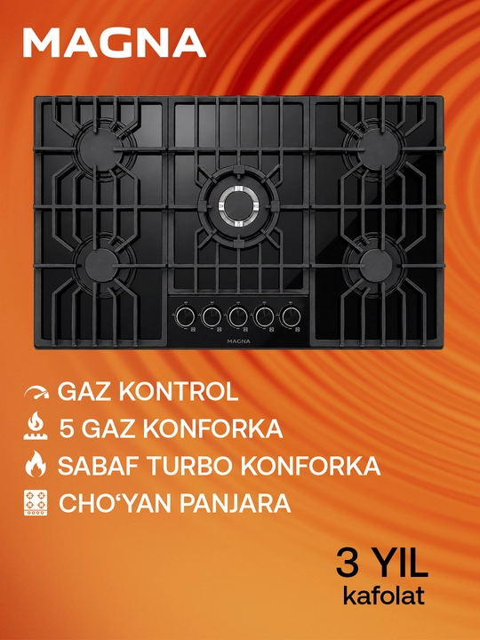Magna pishirish paneli M906GFIZ20 90 sm, 5 gaz, shisha yuza, gaz-kontrol, avtoyondirgich