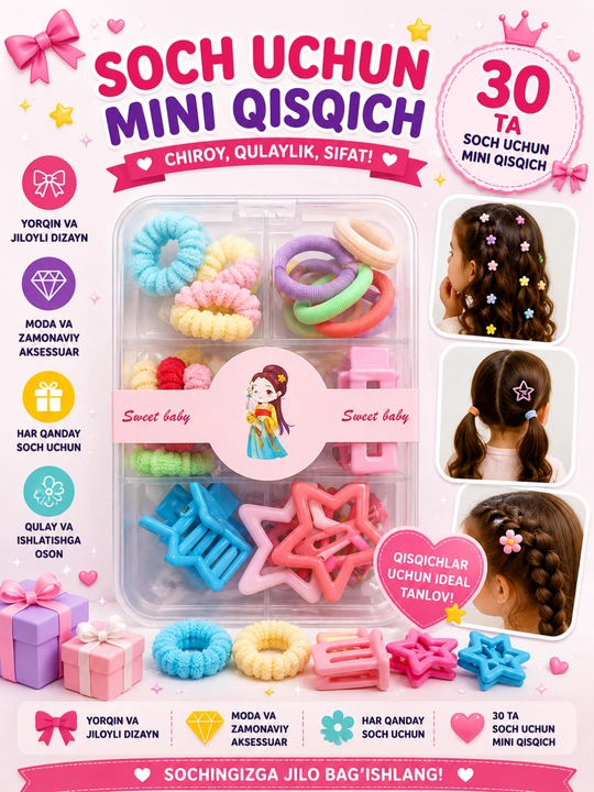 Mini soch qisqichlari qizlar uchun rangli rezinka zakolka to‘plami