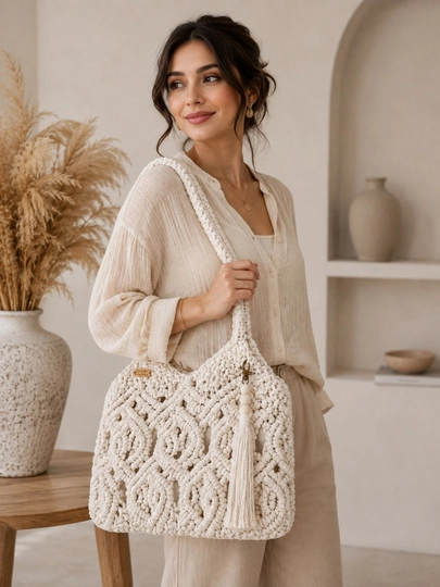 To‘qilgan ayollar sumkasi makrame, qo‘l mehnati, paxtadan premium boho-shopper - 