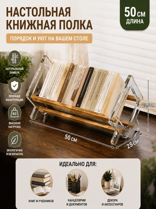 Настольная книжная полка, органайзер и подставка для книг, бамбук и акрил, 50 см - 