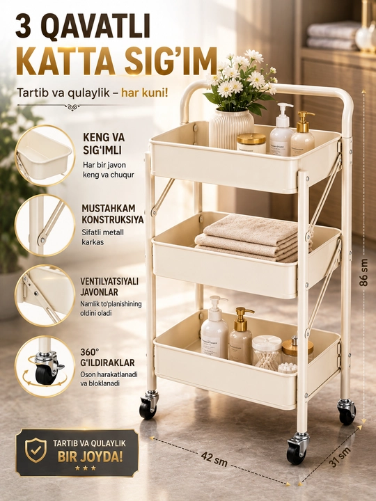 Etajerka g‘ildirakli, 3 qavatli metall organizer, oshxona va uy uchun