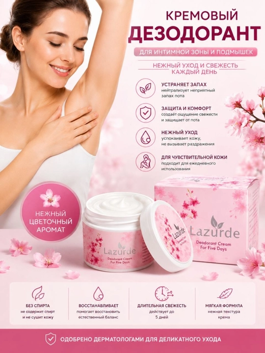 Lazurde ayollar uchun dezodorant, ter hidiga qarshi antiperspirant krem, 50 gr - 