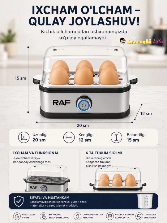 Elektr tuxum pishirgich RAF bug‘da, 8 tuxum, 2 darajali, oshxona mini bug'li idish