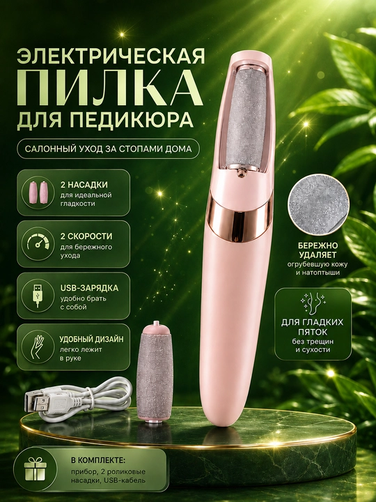Elektr oyoq va tovon pilkasi, pedikyur apparati, USB, 2 tezlik, 2 nasadkali - 