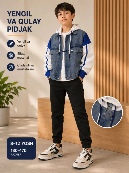 O‘g‘il bolalar uchun kapyushonli jinsi pidjak, 130–170 o'lcham - 