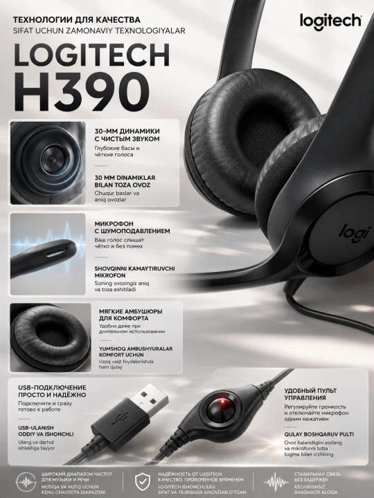Наушники проводные Logitech H390 с микрофоном, USB-[?], кабель 1,9 м