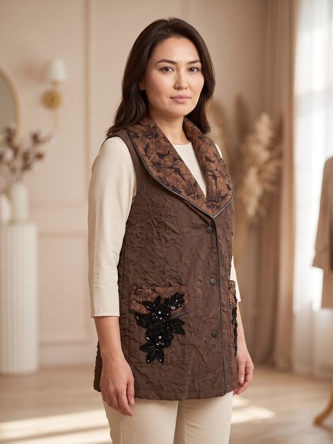 Ayollar uzun kamzuli Muqaddas Shop, qora qavilgan jilet, gul bezakli pistonli model - 