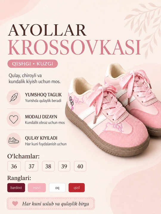 Ayollar uchun bahorgi, kuzgi, qishki krossovkalar, o‘lchamlari 36-40 - 