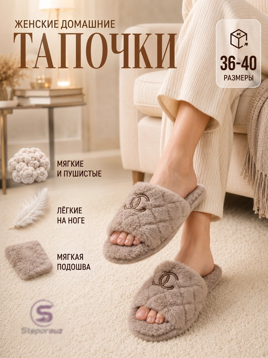 Женские домашние тапочки / женские тапочки для дома / меховые тапочки - 