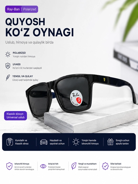 Erkaklar quyosh ko‘zoynagi, qora ramka, polarizatsiyalangan to‘q linzalar - 
