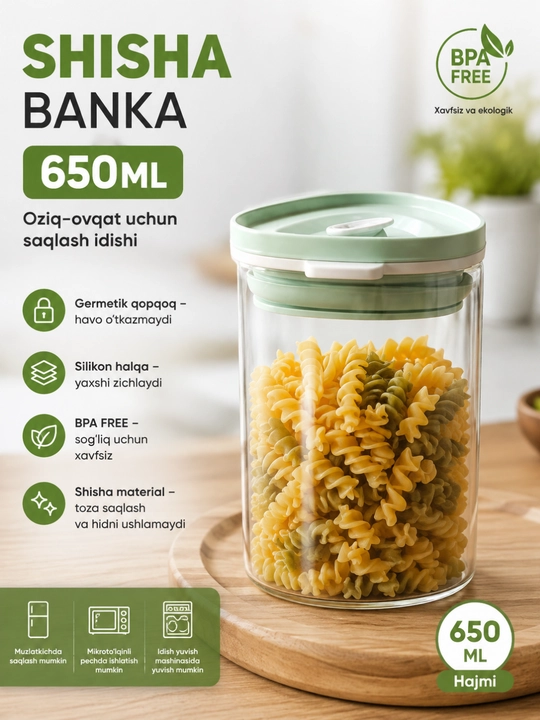 Oshxona uchun qulay saqlash konteyneri, Shisha 650 ml, germetik qopqoqli kontener - 