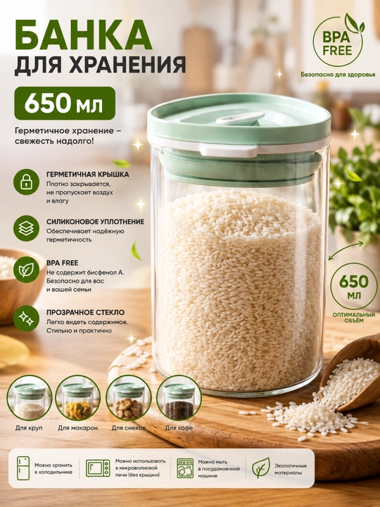 Контейнер для хранения стекляный, герметичная крышка, для сыпучих продуктов и круп