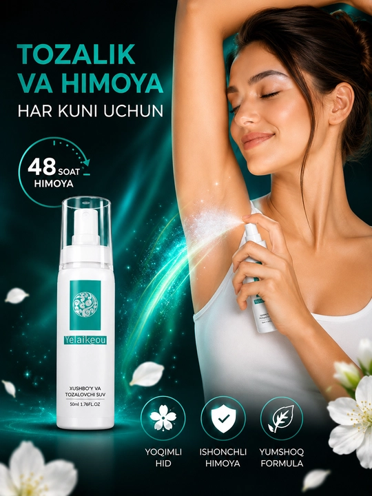 Yelaikeou dezodorant-sprey, 48 soat himoya, yoqimli hid va tetiklik, 50 ml