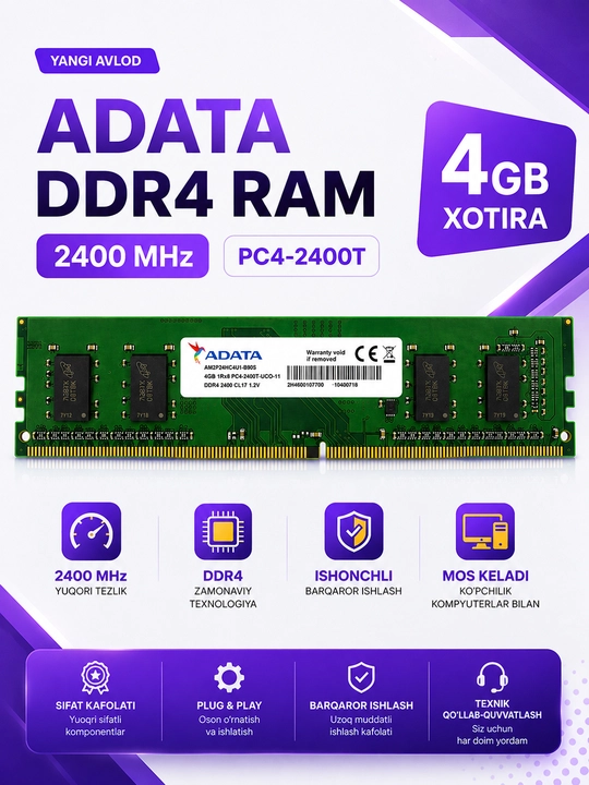 DDR4 4GB 2400 MHz operativ xotira, DIMM 288 Pin, 1.2V, kompyuter uchun - 