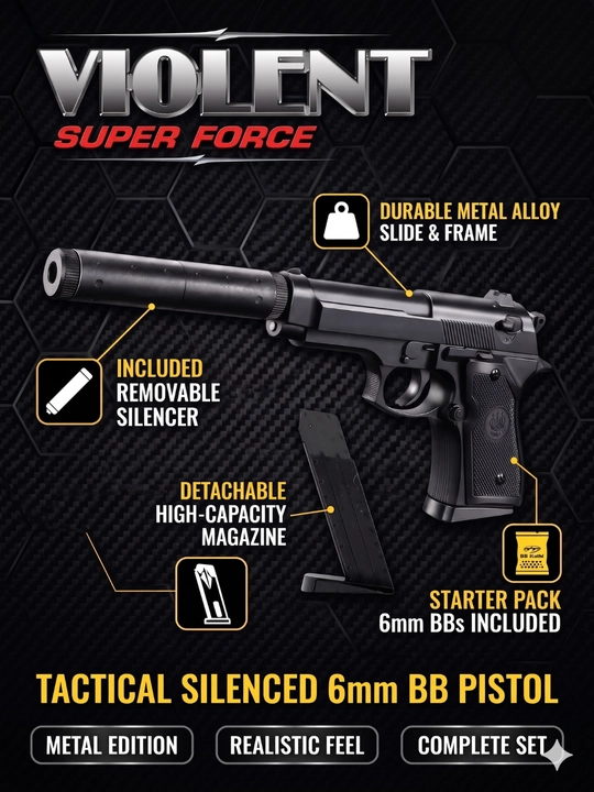 Игрушечный пистолет, металлический, с глушителем и пульками, VIOLENT - 