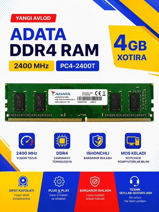 DDR4 4GB 2400 MHz operativ xotira, DIMM 288 Pin, 1.2V, kompyuter uchun - 