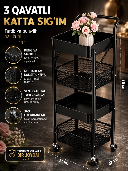 Etajerka g‘ildirakli, 3 qavatli metall organizer, oshxona va uy uchun