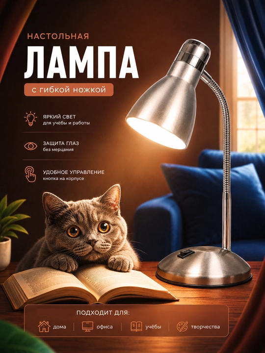 Настольная лампа металлическая, гибкая, для чтения, учебы и рабочего стола - 