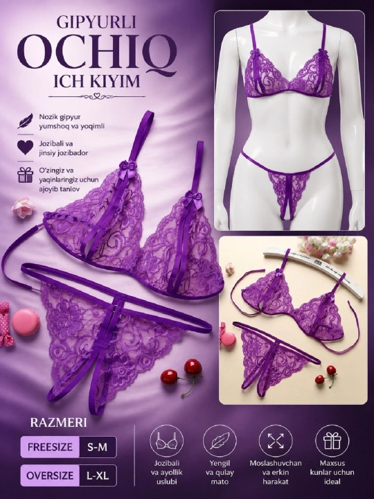 Gipyurli ochiq ich kiyim to‘plami, ayollar uchun, Freesize S-M / Oversize L-XL - 