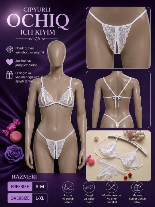 Gipyurli ochiq ich kiyim to‘plami, ayollar uchun, Freesize S-M / Oversize L-XL - 