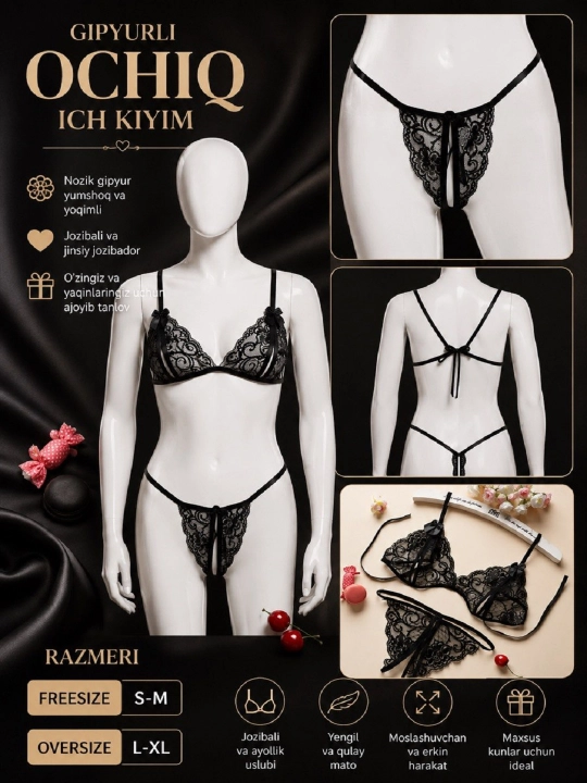 Gipyurli ochiq ich kiyim to‘plami, ayollar uchun, Freesize S-M / Oversize L-XL - 