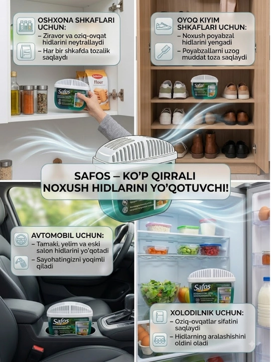 Safos muzlatkich hid yutgichi, yoqimsiz hidlarga qarshi vosita, faol ko‘mir va yashil choy