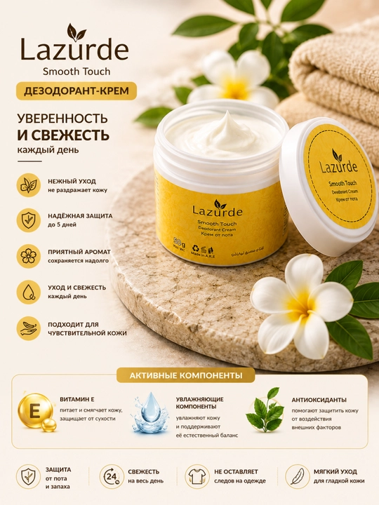 Lazurde Крем-дезодорант для подмышек 50 г, женский уход за кожей защита от запаха свежесть