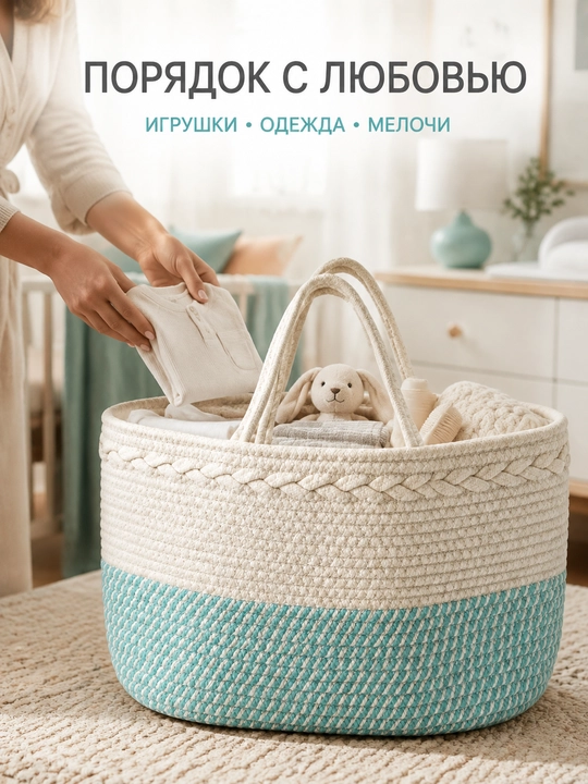 To‘qilgan saqlash savati, o‘yinchoq va kiyimlar uchun, tutqichli, onalar sumkasi