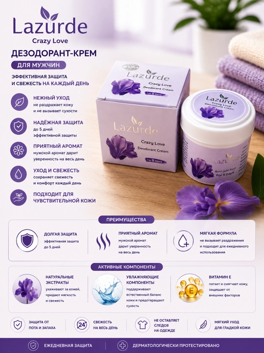 Lazurde Крем-дезодорант для подмышек 50 г, женский уход за кожей защита от запаха свежесть