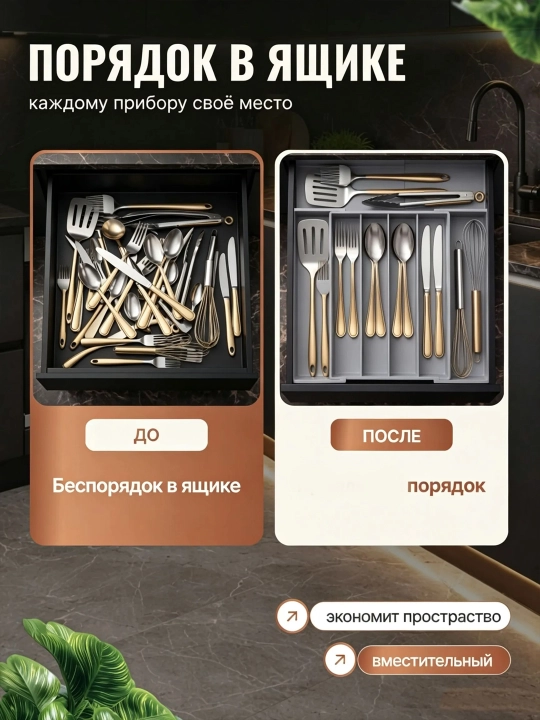 Кухонный органайзер для приборов, раздвижной лоток вставка в ящик