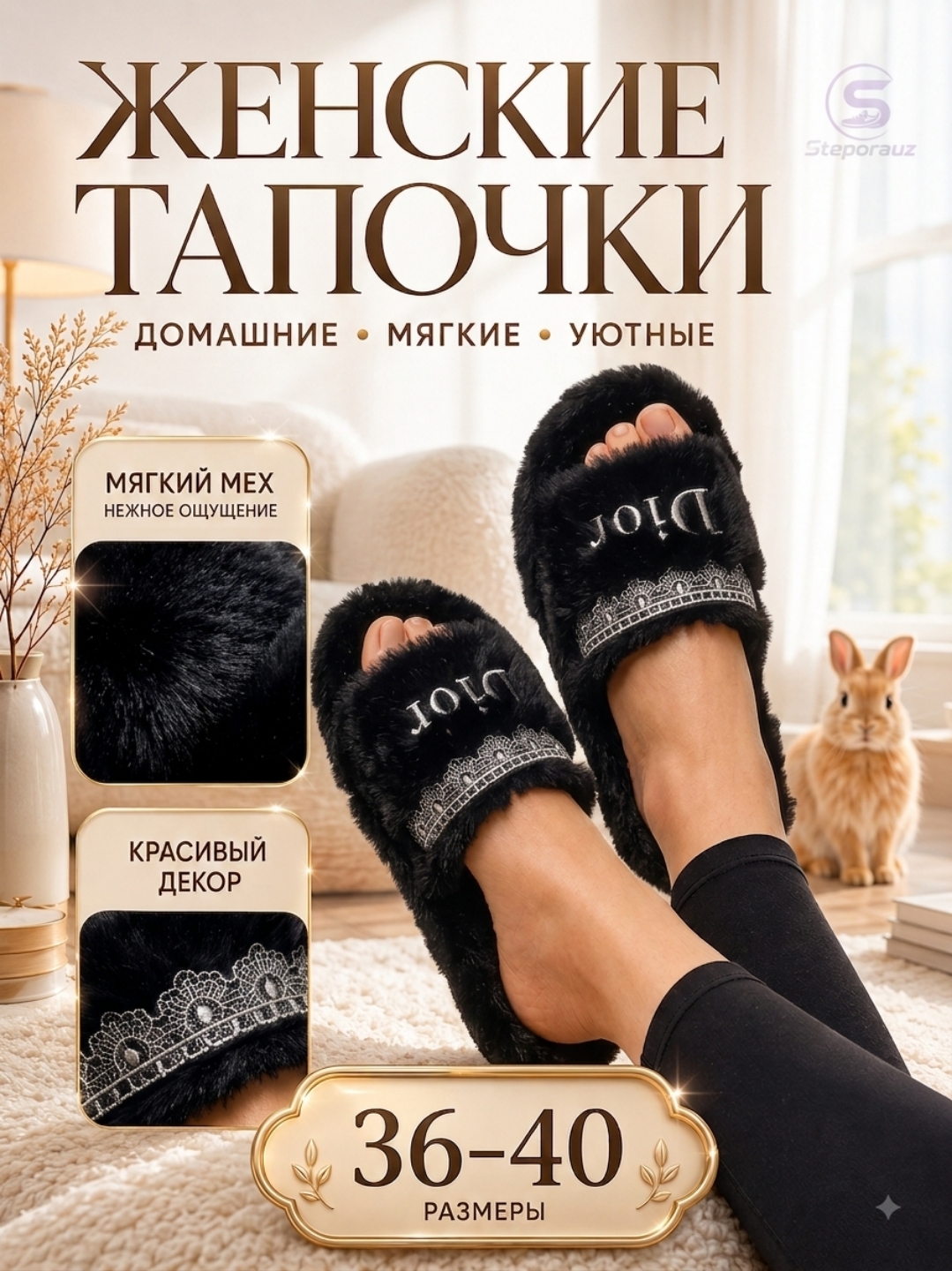 Женские домашние тапочки / женские тапочки для дома / меховые тапочки - 