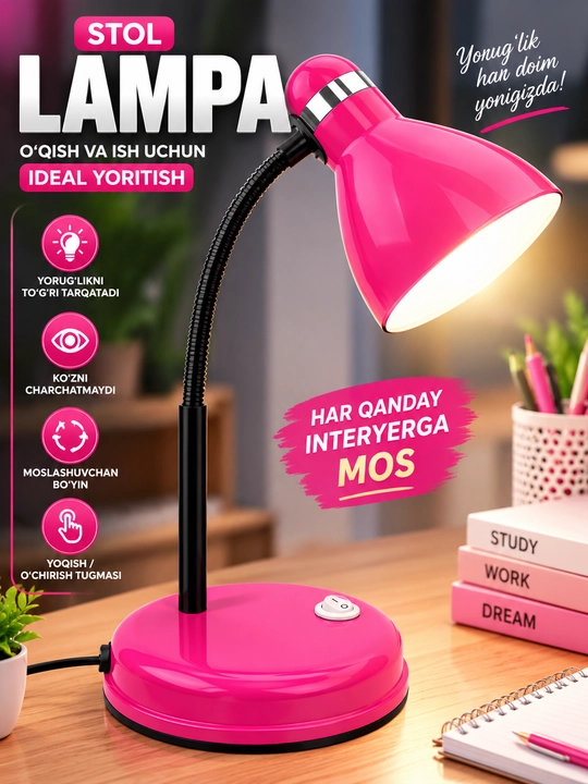 Stol lampasi metall, egiluvchan, o‘qish, dars va ish stoli uchun kumushrang