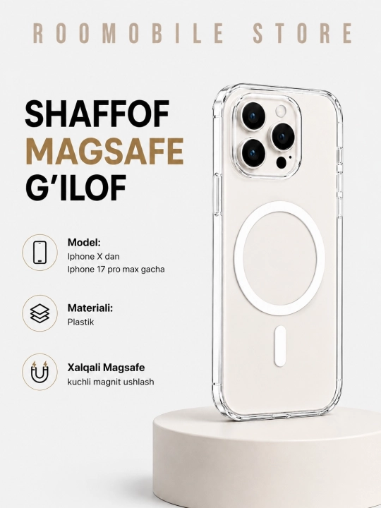 Chexol iPhone XS, 11, 12, 13, 14, 15, 16, 17, Pro, Max, shaffof plastik, g'ilof - 