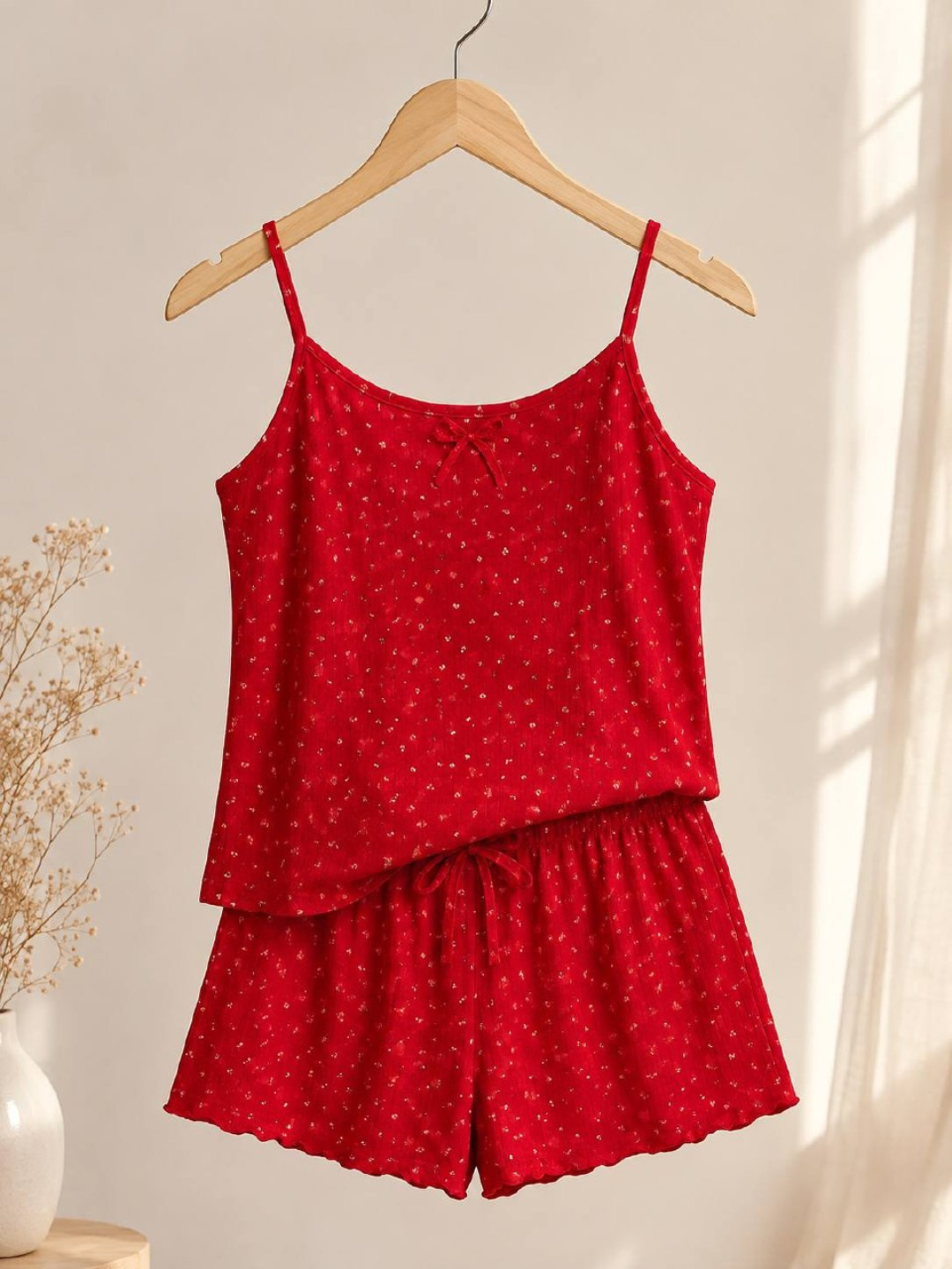 Ayollar pijamasi, qizil, yozgi pijama, uy kiyimi, tungi kiyim, shortikli pijama set - 