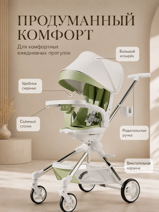 Детская прогулочная коляска с родительской ручкой, козырьком и корзиной