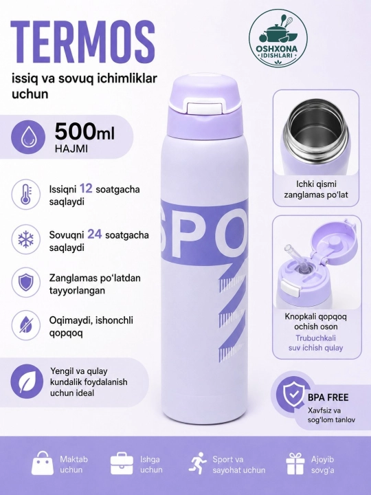 Termos 0,5 l, vacuum termos, issiq va sovuq saqlaydigan termos, vakuum termiz - 